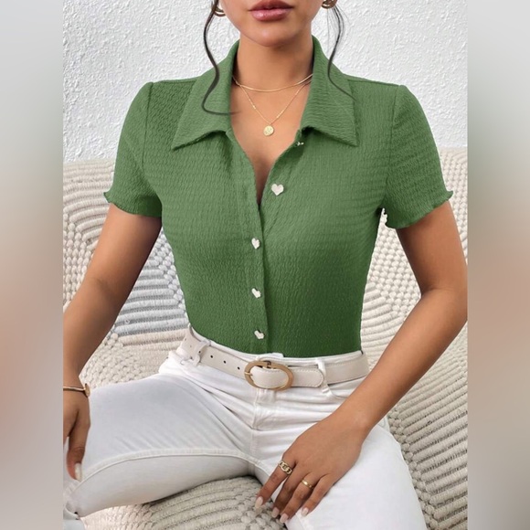 Green Fitted Ribbed Button Down Shirt - Picture 7 of 9